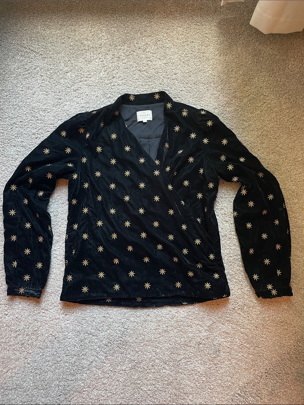 Sezane Black Velvet Star Embroidered Faux Wrap Blouse